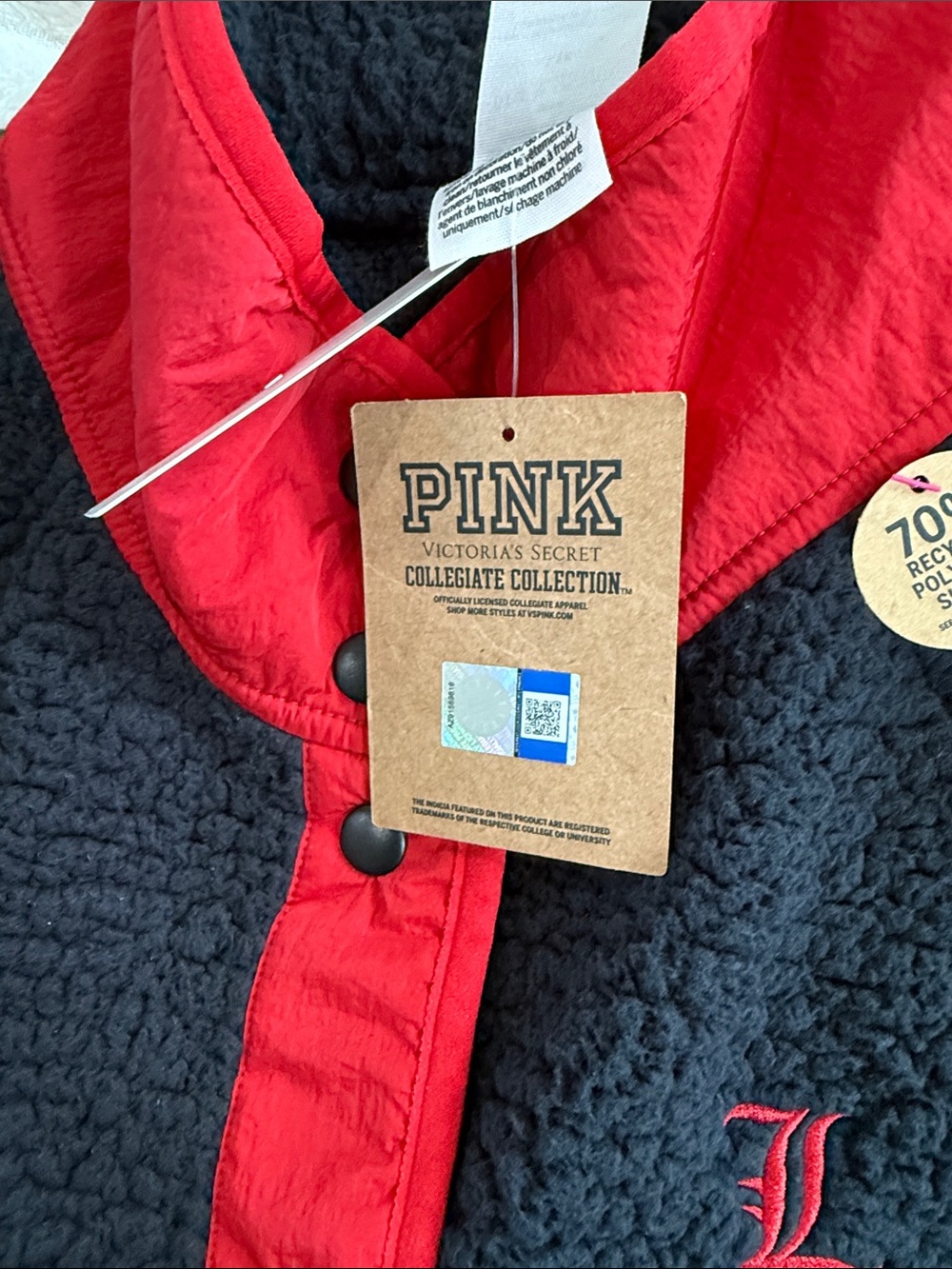 PINK Victoria's Secret Black Sherpa Jacket with Red Trim - Picture 3 of 4